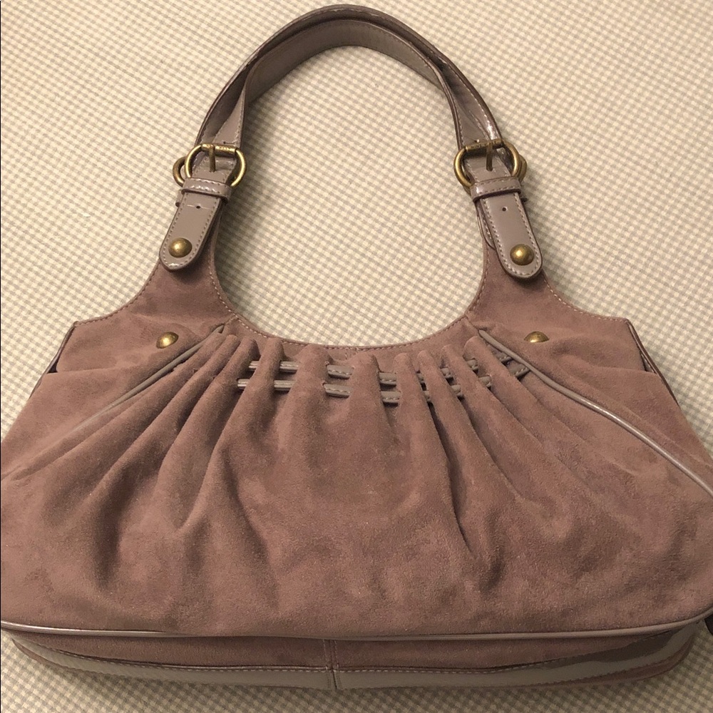 Nine West Taupe/Mauve/Grey Faux Suede & Patent Shoulder Purse #849